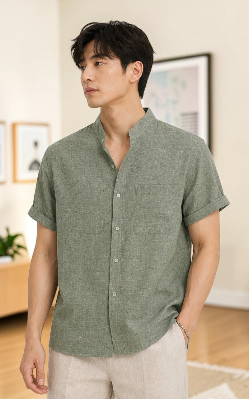 Coastal Linen Mandarin Collar Shirt